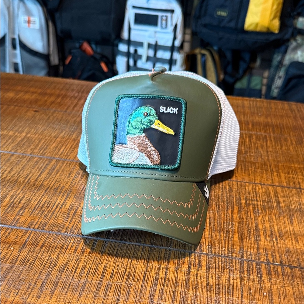 Goorin Brothers Animal Farm trucker hat with leather detail, slick duck
